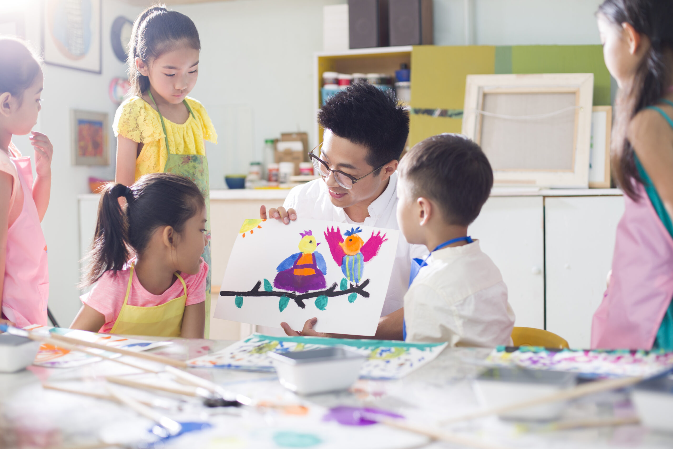 Little Chinese children in art class with teacher